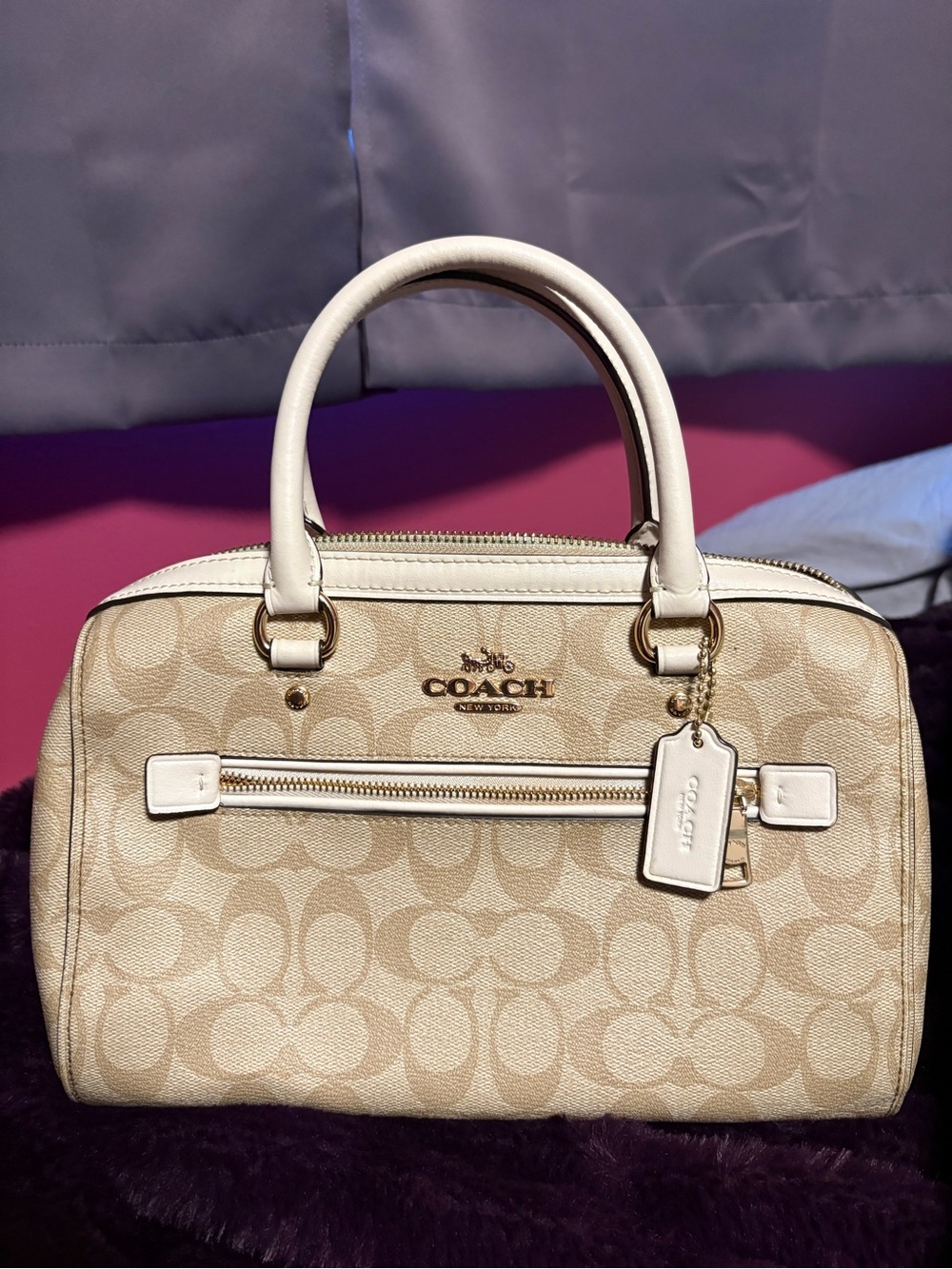 Coach Beige Signature Satchel with White Trim and Gold Hardware